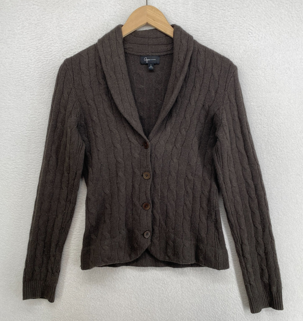 AQUA Sweater S 100% Cashmere Ribbed Cable Shawl Cardigan Blazer Button Up Brown